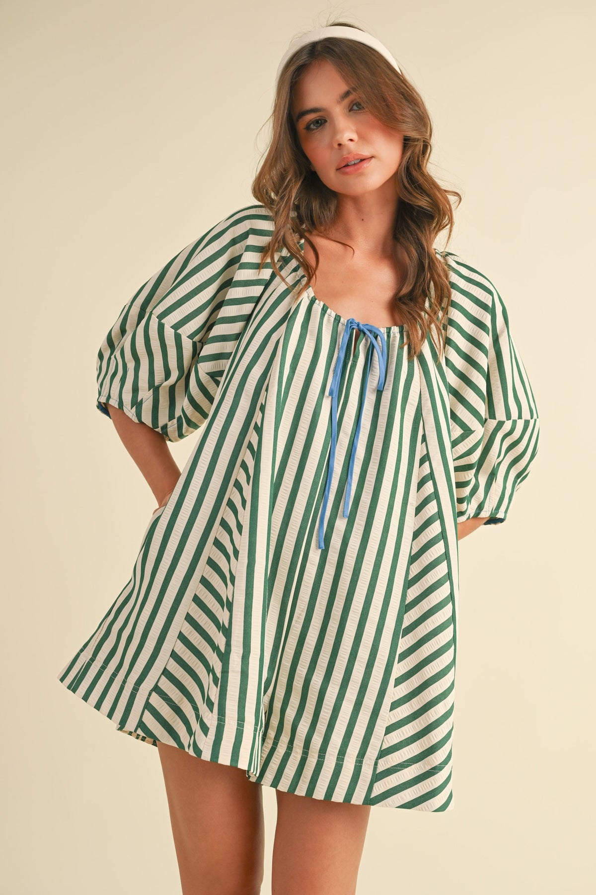 Striped Tie Front Romper, Hunter