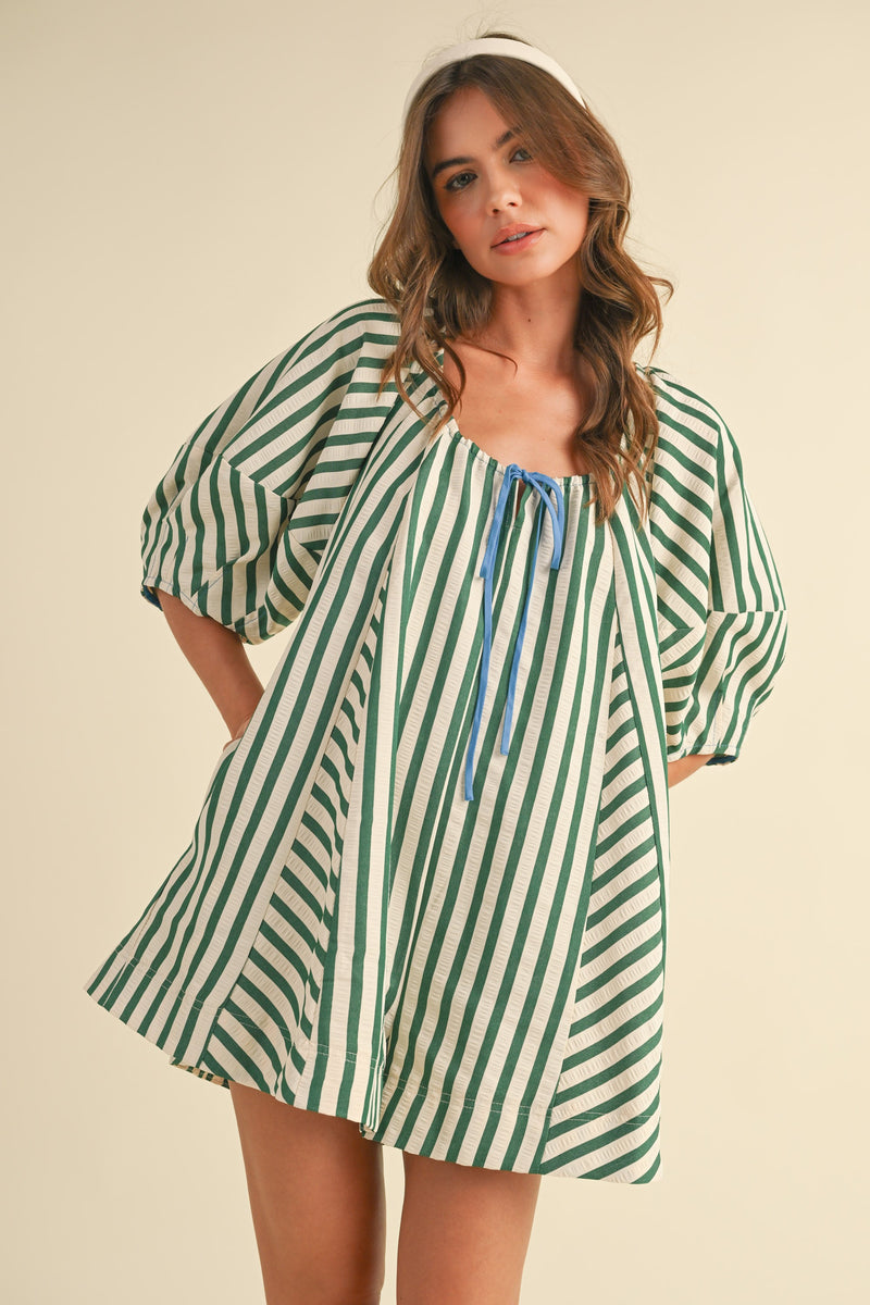 Striped Tie Front Romper, Hunter