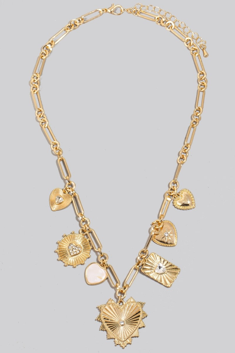 Studded Metallic Heart Charm Necklace