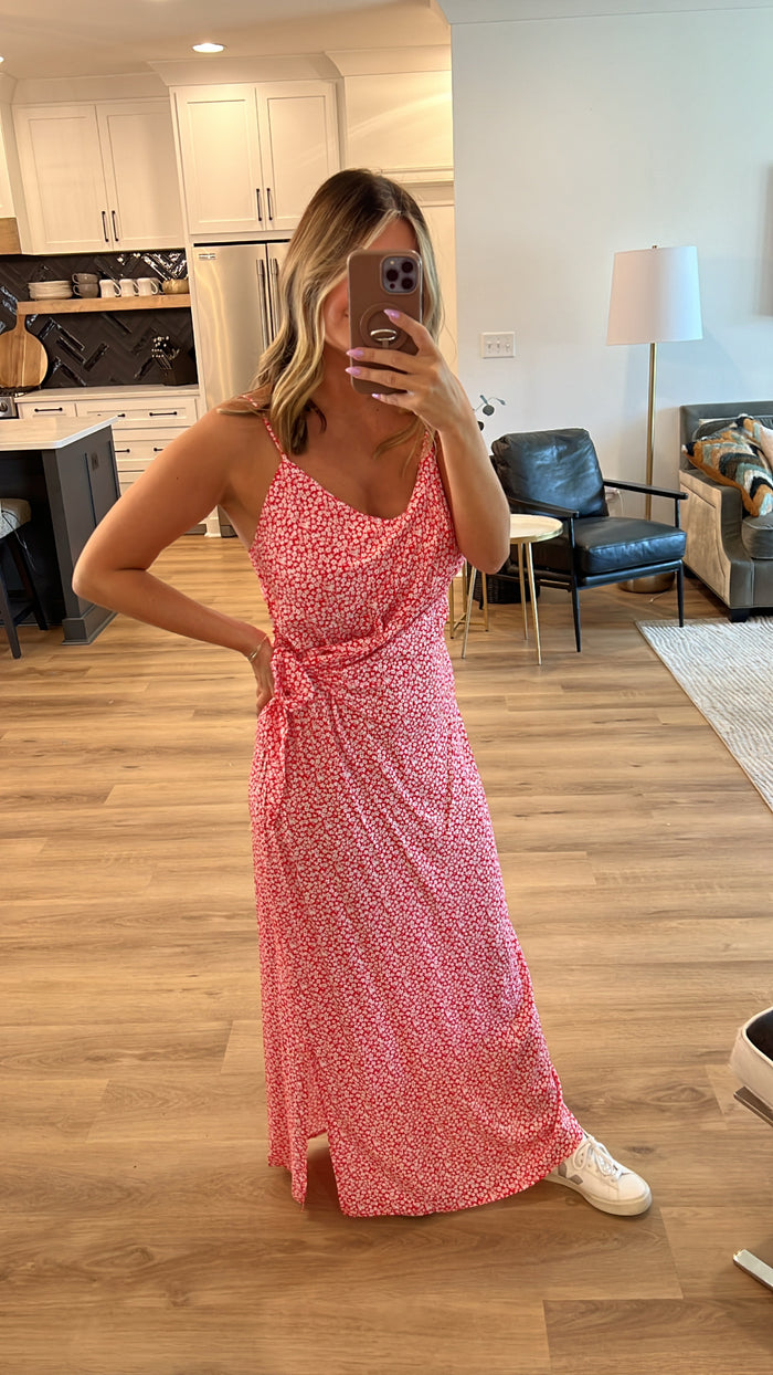 All Over Me Ditsy Floral Print Wrap Long Dress, Red