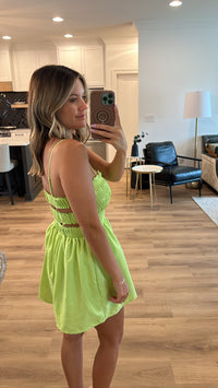 Head Over Heels Smocked Cut Out Romper, Chartreuse