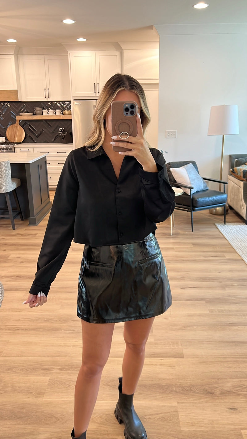 Shiny Leather Pocket Skort, Black