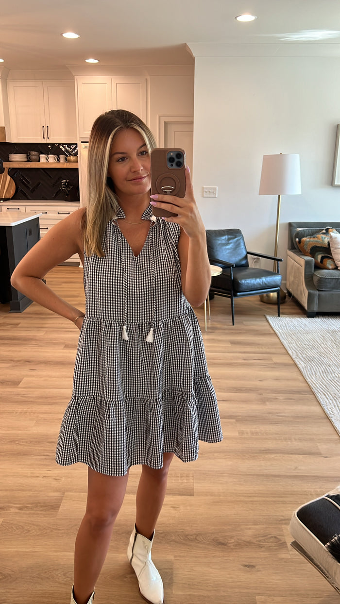 Gingham Babydoll Sleeveless Dress, Black