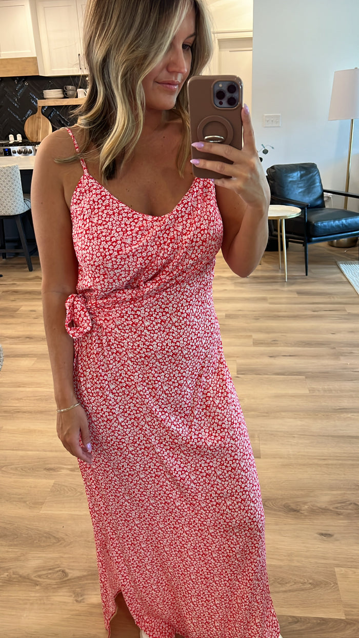 All Over Me Ditsy Floral Print Wrap Long Dress, Red