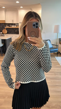 Hearts Racing Checkered Print Sweater Top, Black/Cream
