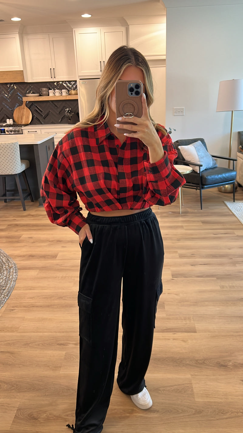 Checkered Cropped Flannel, Red/Black