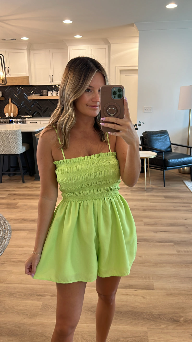 Head Over Heels Smocked Cut Out Romper, Chartreuse