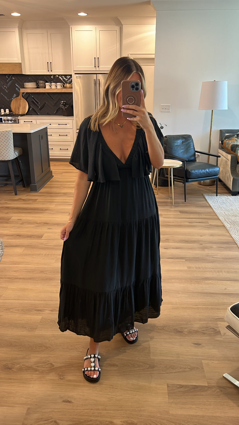 Flutter Sleeve Maxi Dress, Black