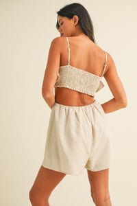 Linen Flower Romper, Natural