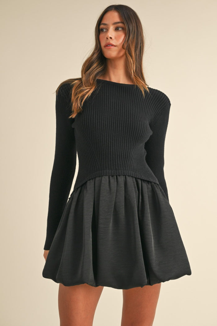 Ribbed Bubble Dress, Black