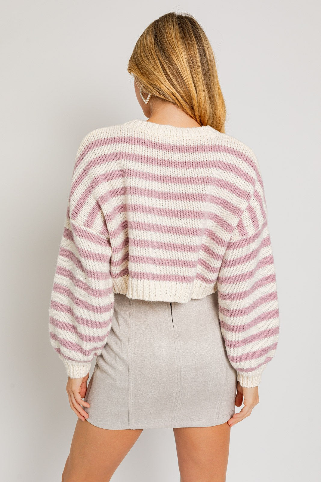 V-Neck Striped Sweater, White-Pink Stripe