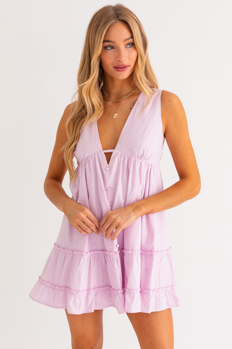 Cotton V Neck Mini Dress, Light Pink