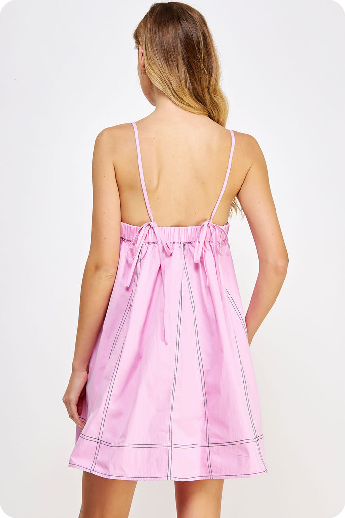 Contrast Top Stitch Mini Dress, Pink Lilac