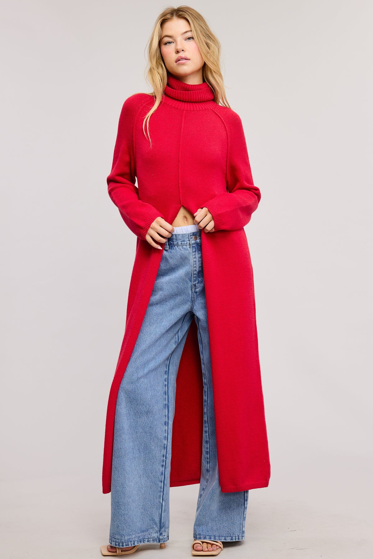 Turtleneck Long Sweater Tunic, Red