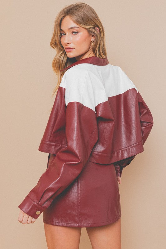 Tailgate Faux Leather Cropped Jacket, Burgundy