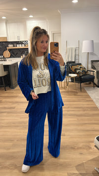 Reese Velvet Button Down and Pant Set, Blue