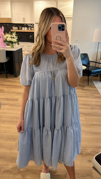 Flowy Tiered Puff Sleeve Midi Dress, Blue