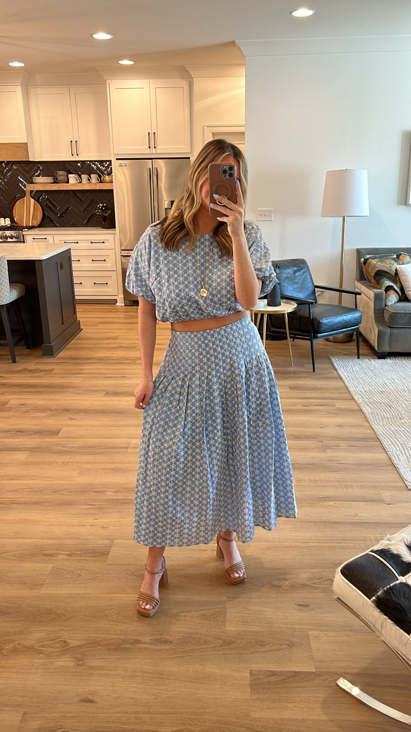 Puff Crop Top and Midi Skirt Set, Blue