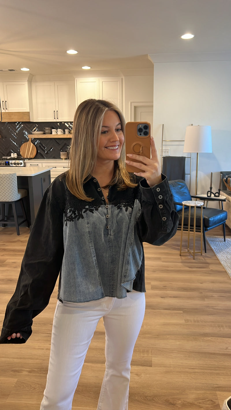 Lace Trim Denim Pullover, Black/Denim