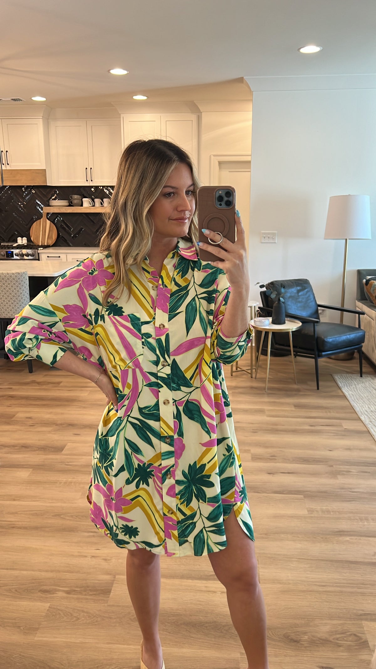 Island Bound Mini Shirt Dress, Banana/Cream/Pink