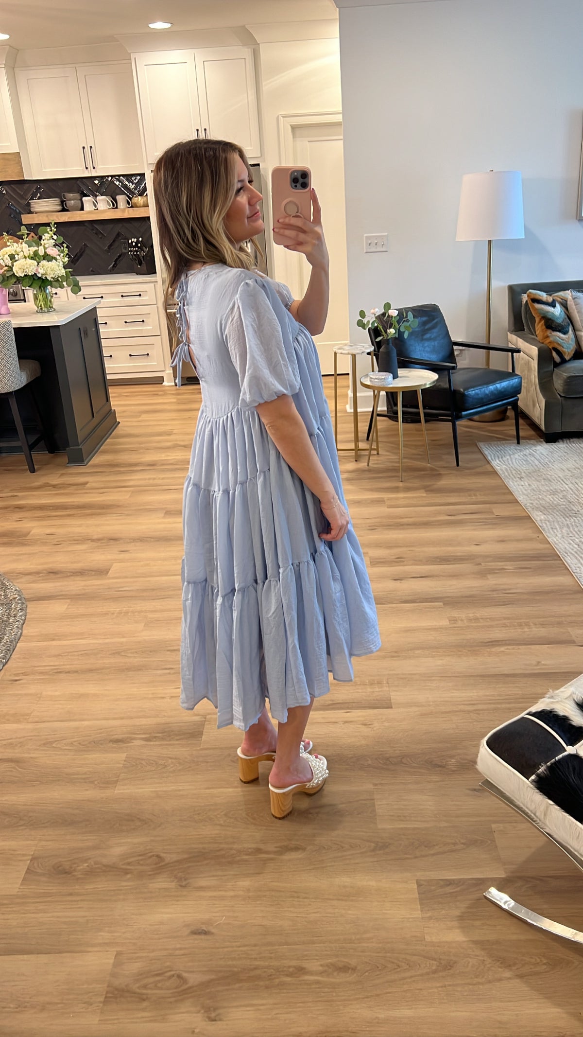 Flowy Tiered Puff Sleeve Midi Dress, Blue