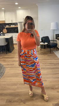 Summer Nights Wrap Midi Skirt, Orange/Cream/Multi