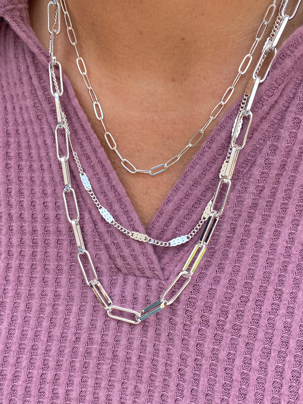 Multi Way Matte Silver Triple Layered Necklace