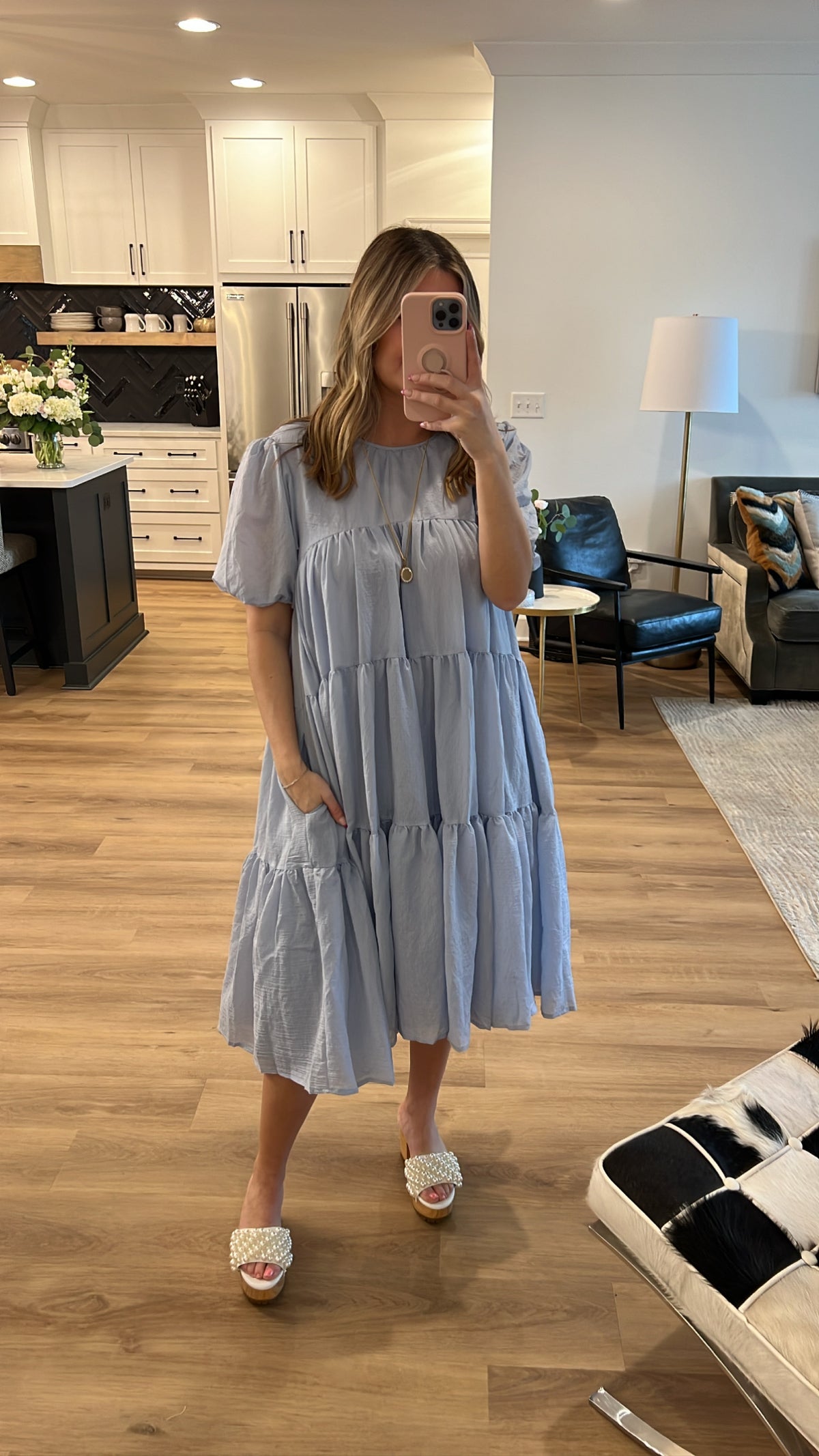 Flowy Tiered Puff Sleeve Midi Dress, Blue