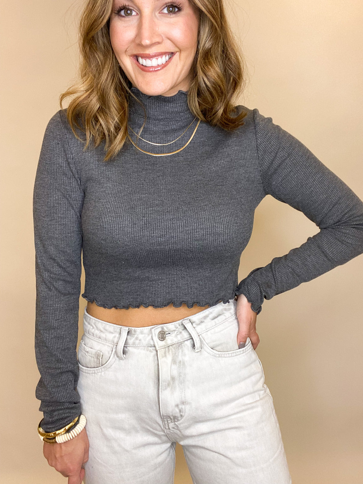 Mock Neck Long Sleeve Crop Top, Charcoal