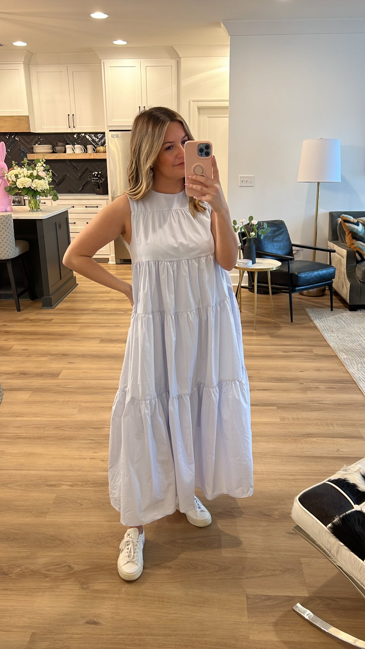 Tiered Midi Sleeveless Dress, Light Blue