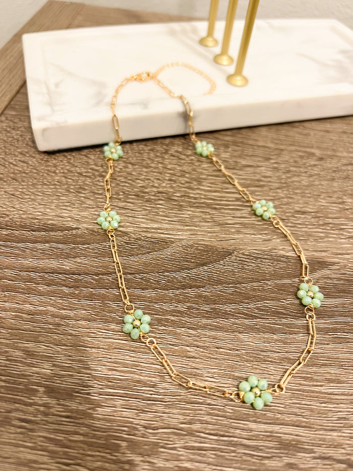 Beaded Flower Necklace, Mint