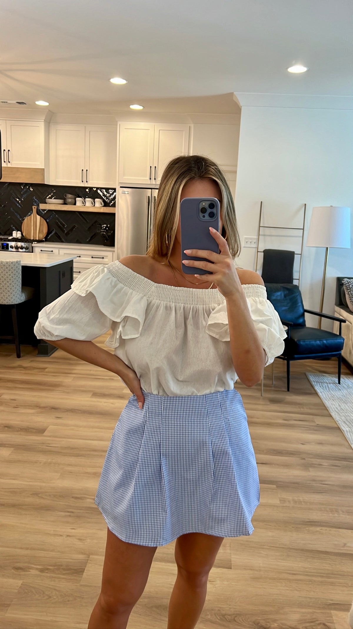 Good Afternoon Gingham High Waisted Skort, Light Blue