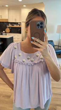 In Bloom Floral Embroidery Smocked Top, Pale Lilac