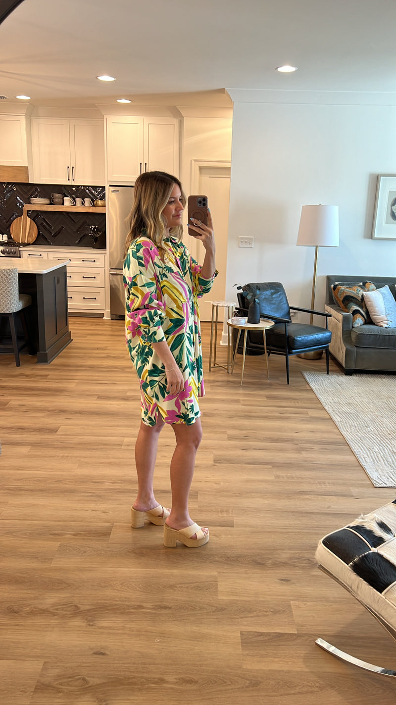 Island Bound Mini Shirt Dress, Banana/Cream/Pink