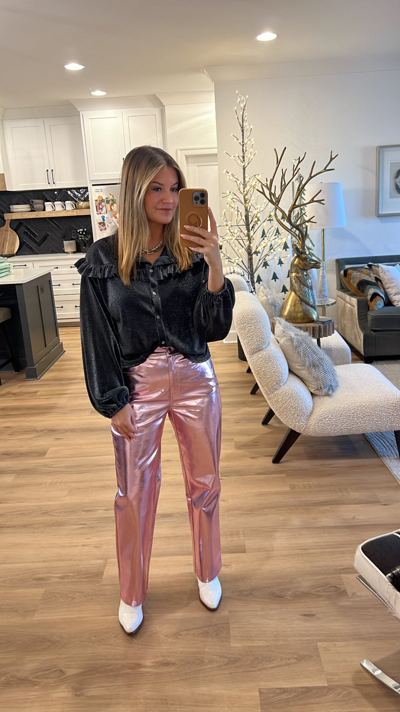 Paige Metallic Straight Pant, Pale Pink
