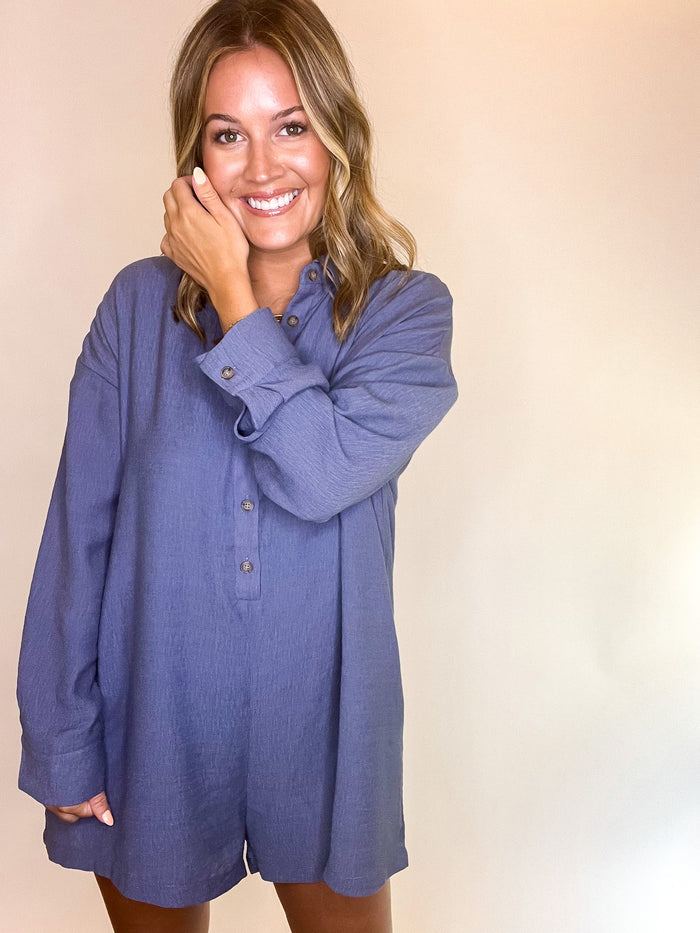 Relaxed Button-Down Romper, Denim