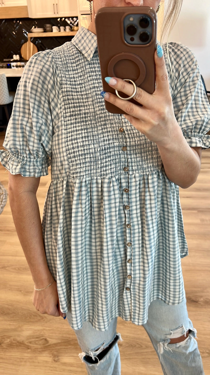Poppy Smocked Plaid Button Down Top, Dusty Blue