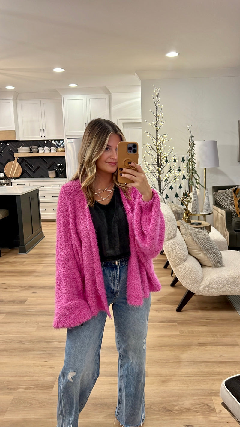 Balloon Sleeve Fuzzy Cardigan, Orchid
