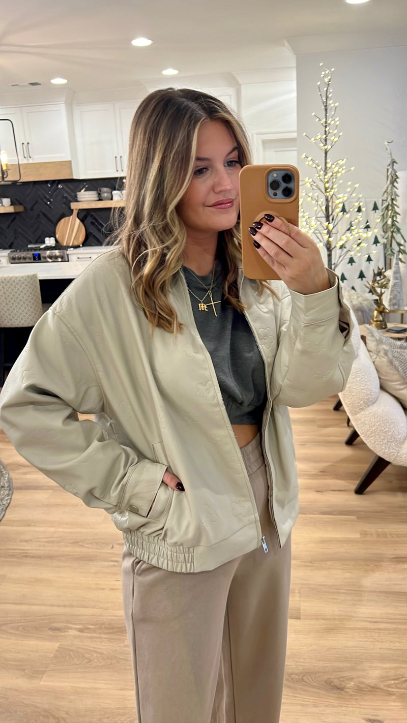Flower Power Faux Leather Oversized Jacket, Cream
