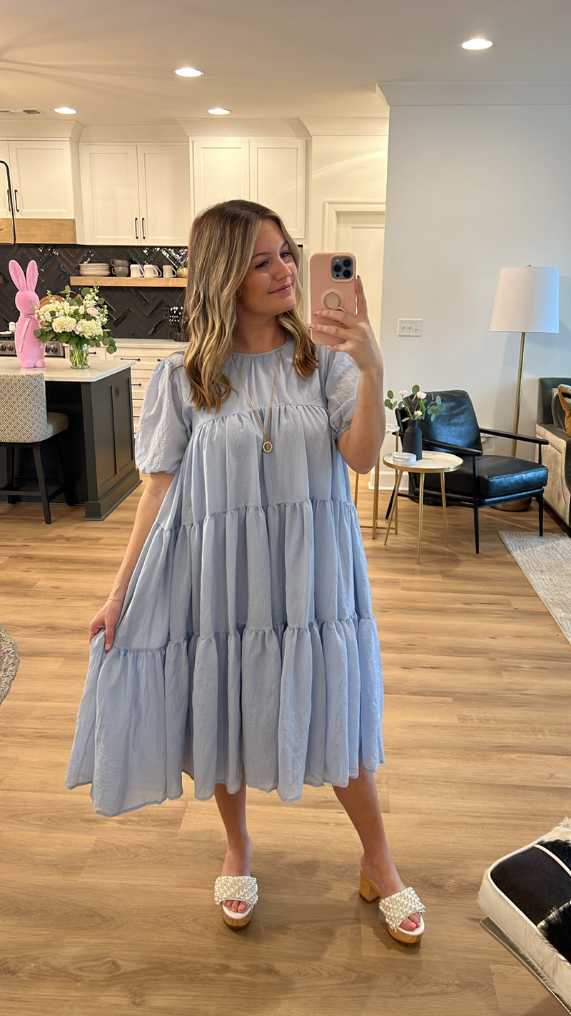 Flowy Tiered Puff Sleeve Midi Dress, Blue