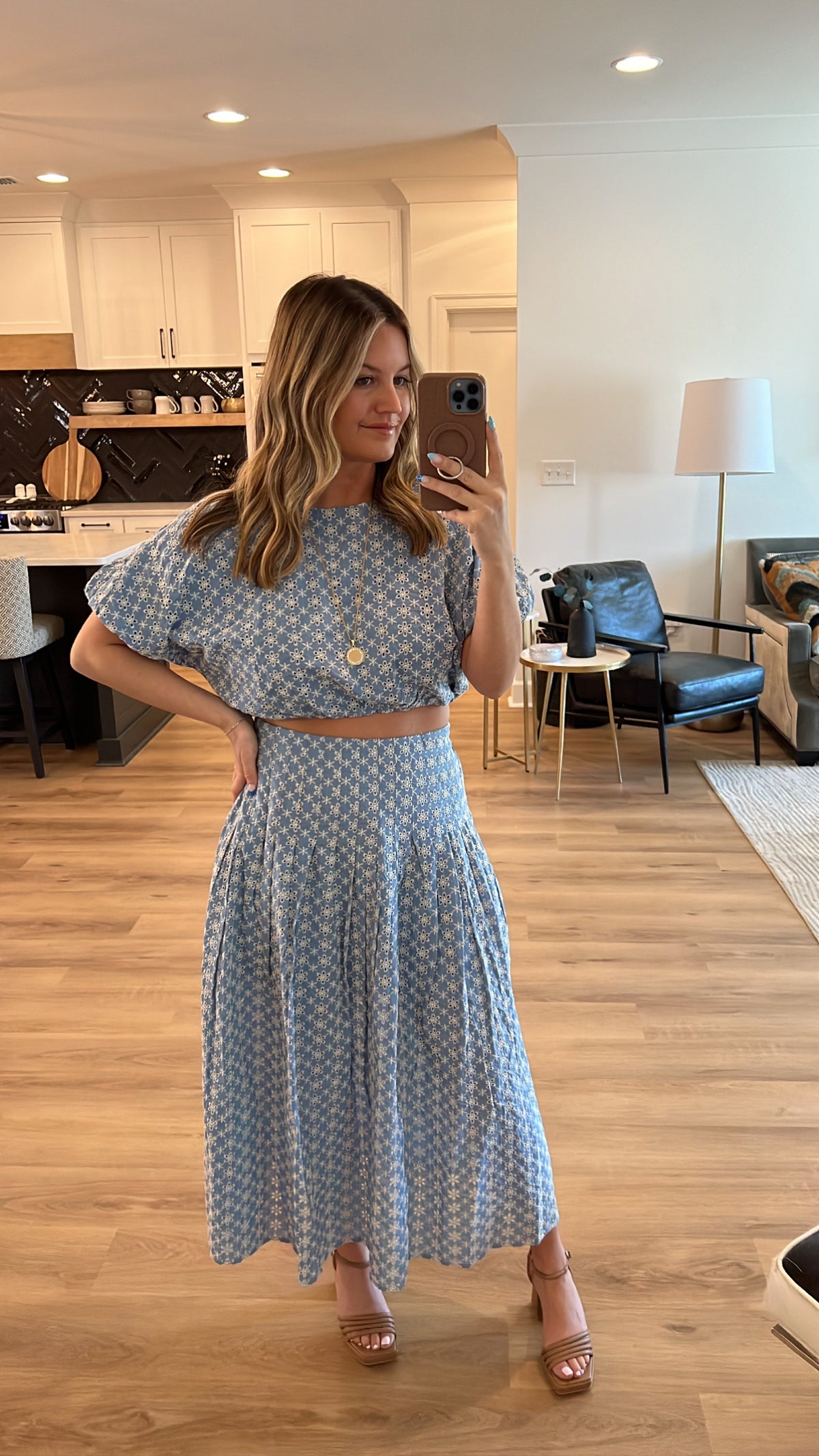 Puff Crop Top and Midi Skirt Set, Blue