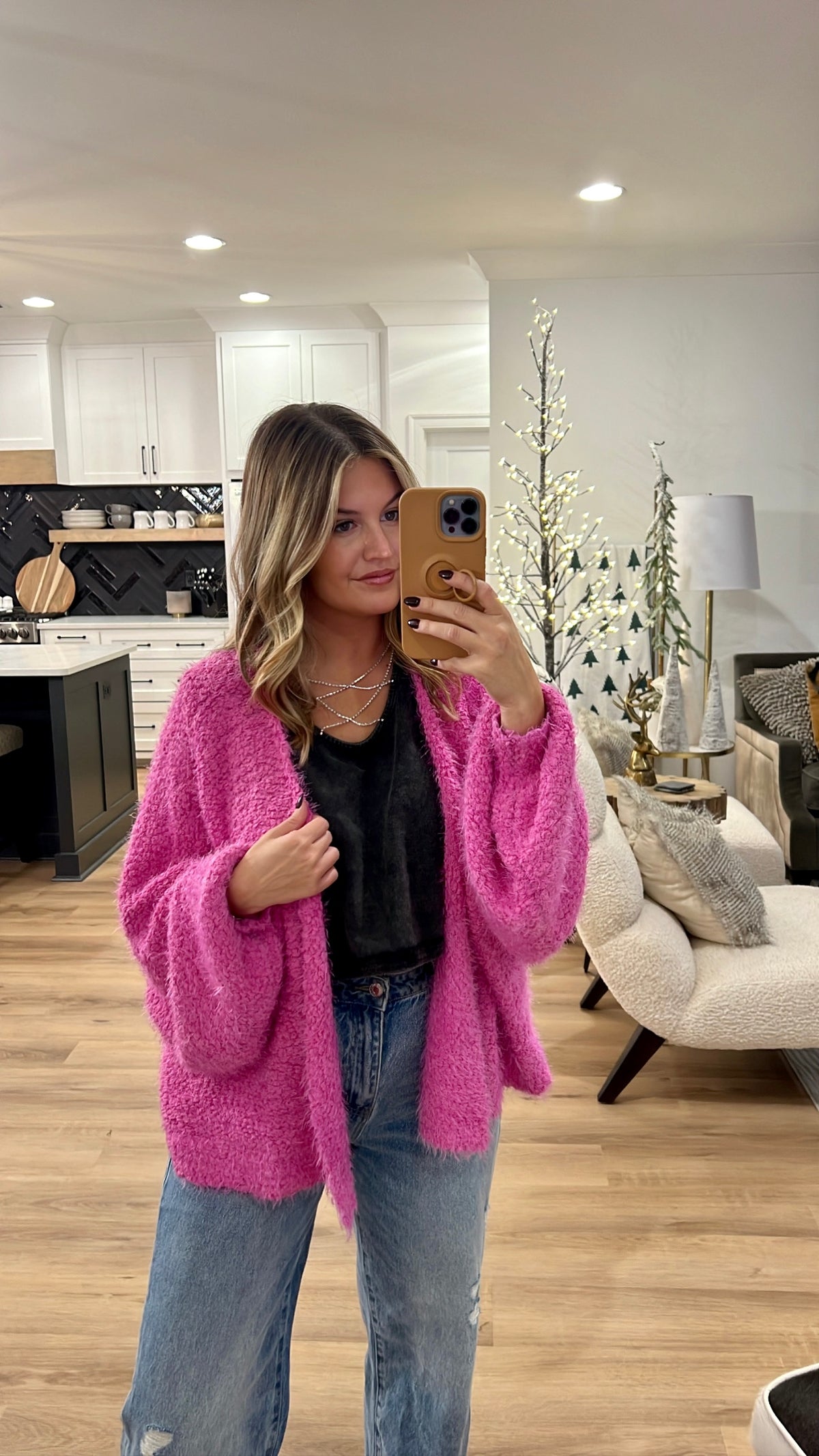 Balloon Sleeve Fuzzy Cardigan, Orchid