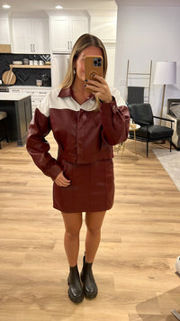 Tailgate Faux Leather Cropped Jacket, Burgundy