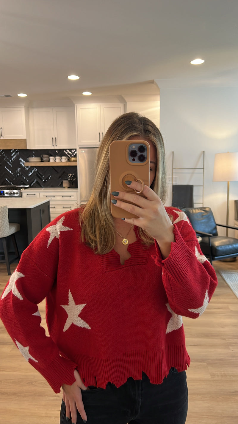 For The Stars Distressed Sweater, Red