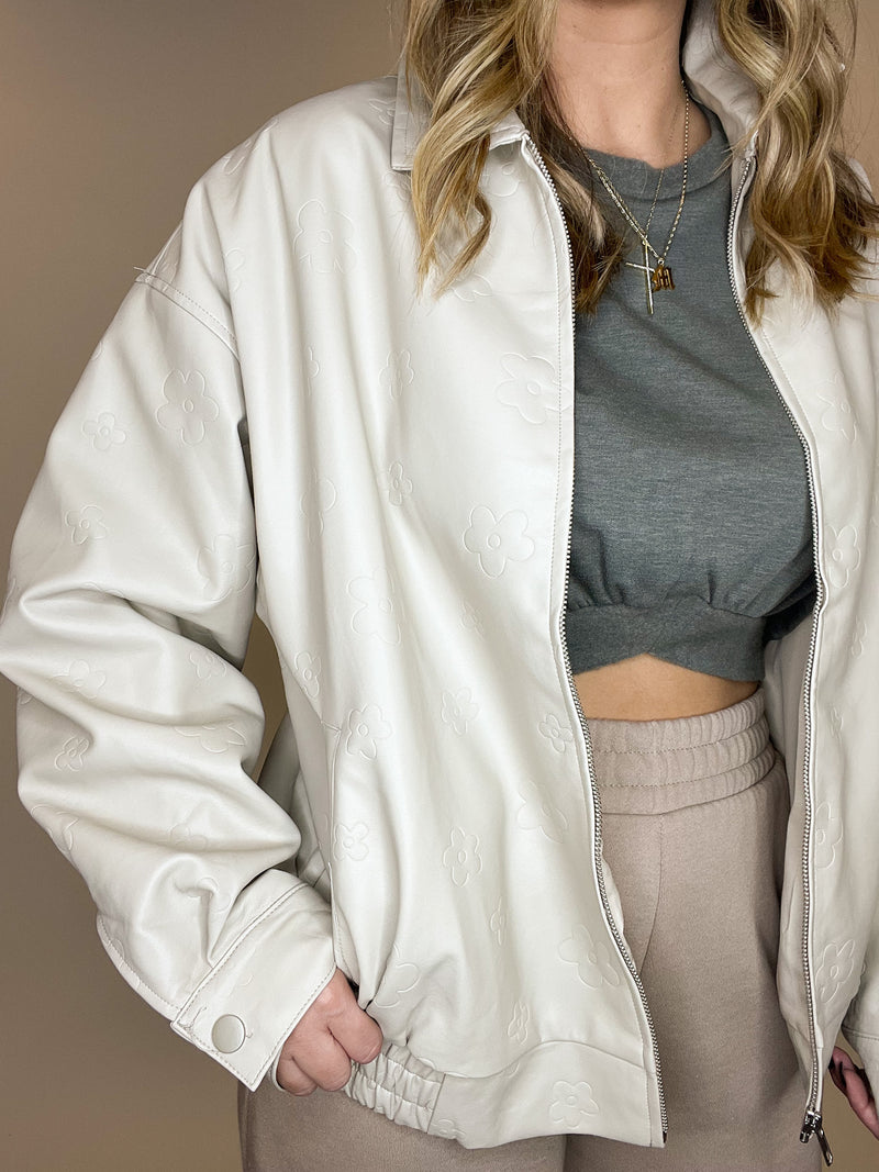 Flower Power Faux Leather Oversized Jacket, Cream