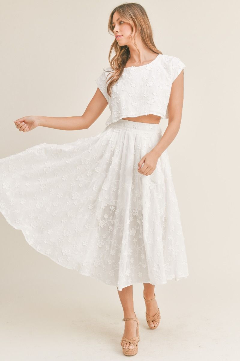 Floral Crop Top and Midi Skirt Set, Off White